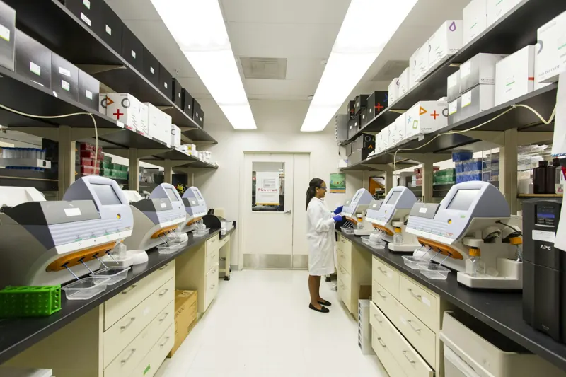 A hospital laboratory with analysers along both walls