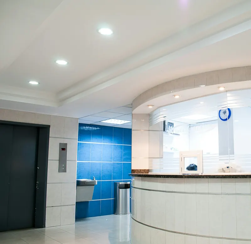 A bright hospital reception desk